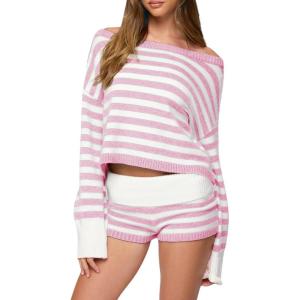 Tanming Women’s Striped Sweater Sets Long Sleeve Off Shoulder Knit Pullover Top Casual Fold Over Shorts Sets(Pink)