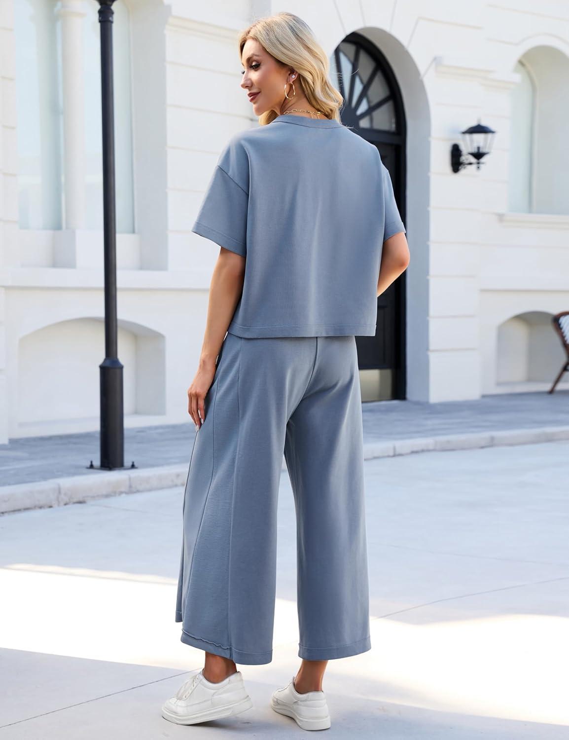 imageTanming Womens 2 Piece Outfits Short Sleeve Top Wide Leg Pants Matching Tracksuit Travel Vacation OutfitsGrey Blue