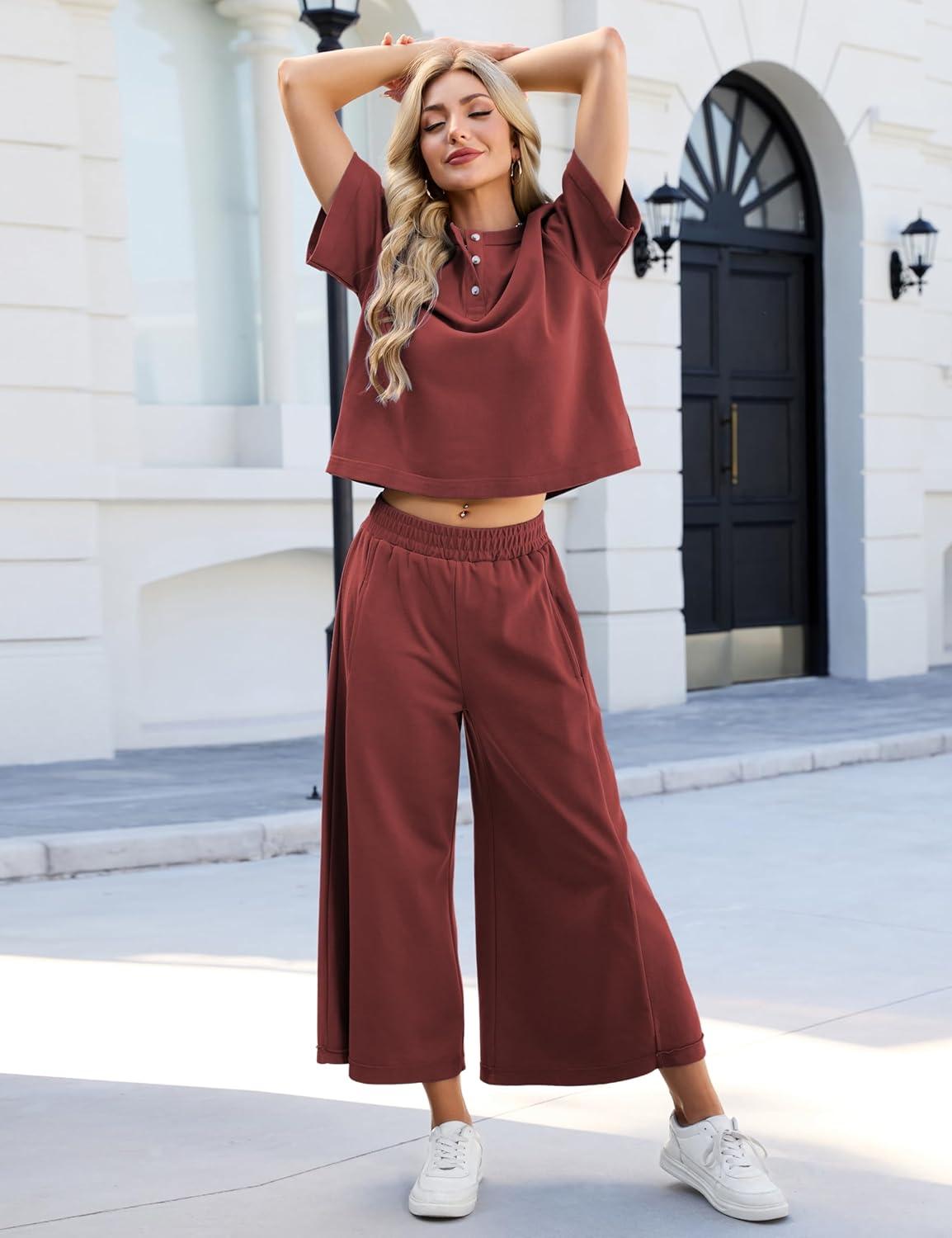 imageTanming Womens 2 Piece Outfits Short Sleeve Top Wide Leg Pants Matching Tracksuit Travel Vacation OutfitsRust