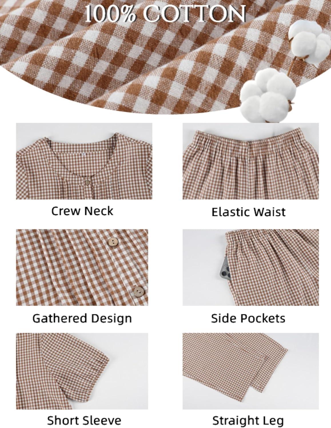 imageTanming Womens 2 Set Gingham Pajama Set Half Sleeve Shirt Wide Leg Pants Y2K Cotton Matching Lounge Set Beach OutfitsBrown