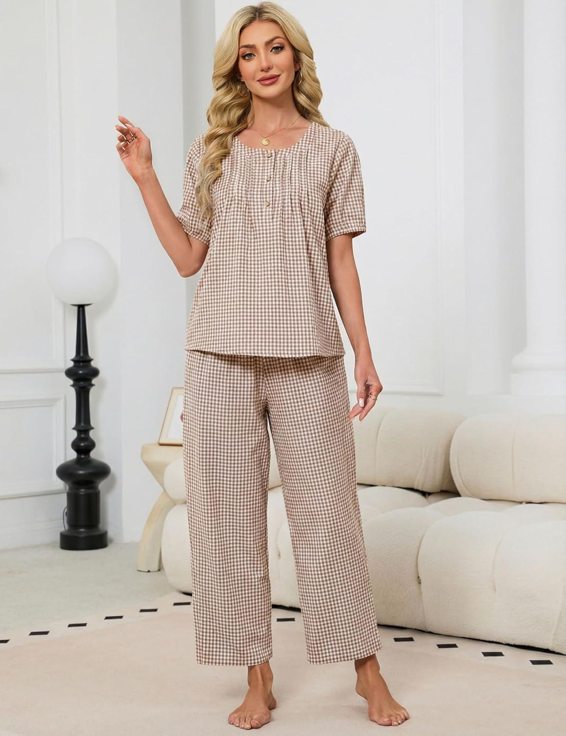 imageTanming Womens 2 Set Gingham Pajama Set Half Sleeve Shirt Wide Leg Pants Y2K Cotton Matching Lounge Set Beach OutfitsBrown