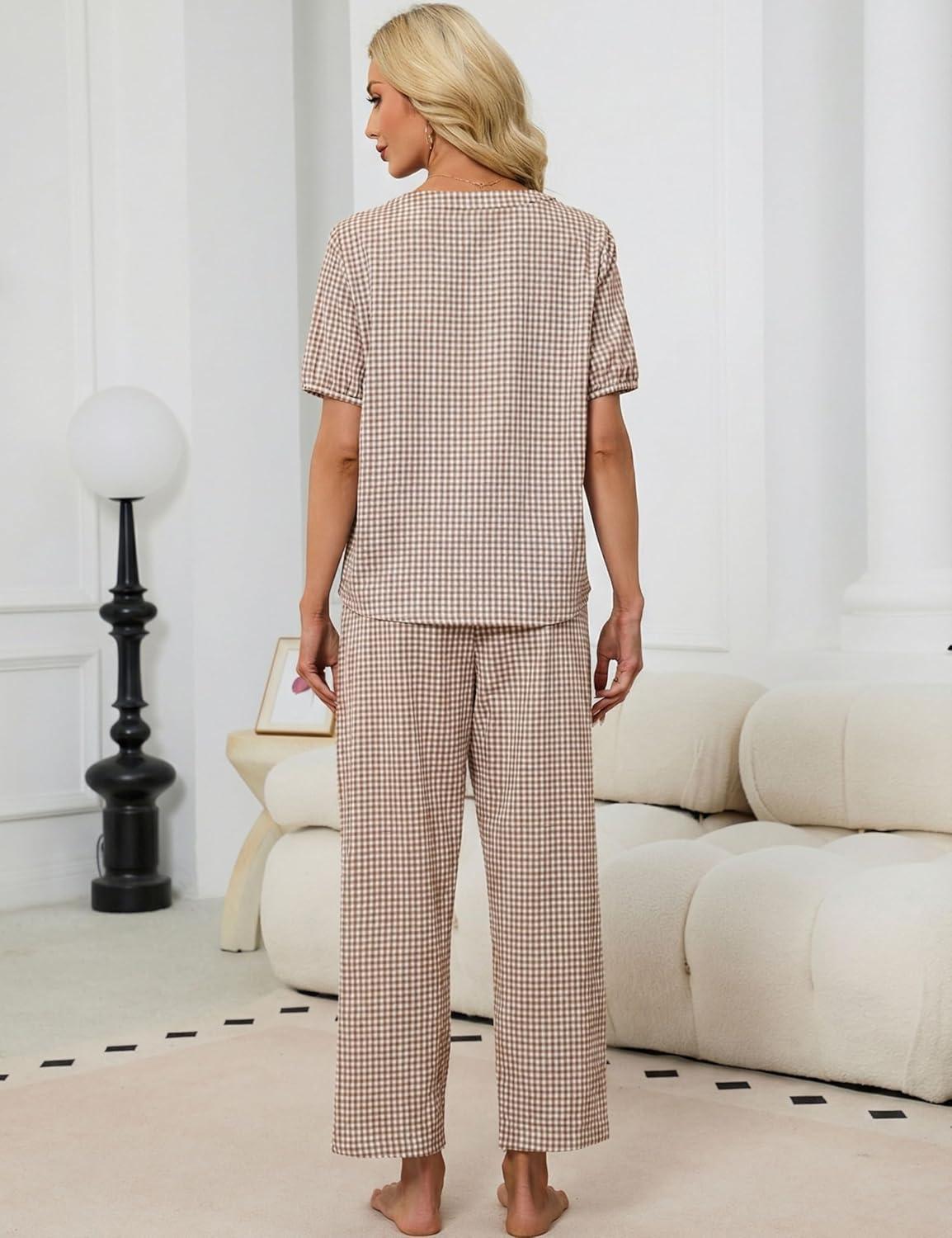 imageTanming Womens 2 Set Gingham Pajama Set Half Sleeve Shirt Wide Leg Pants Y2K Cotton Matching Lounge Set Beach OutfitsBrown