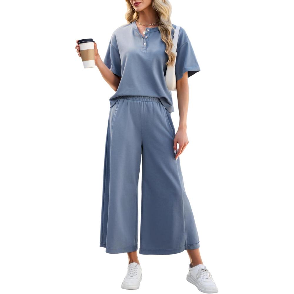 imageTanming Womens 2 Piece Outfits Short Sleeve Top Wide Leg Pants Matching Tracksuit Travel Vacation OutfitsGrey Blue