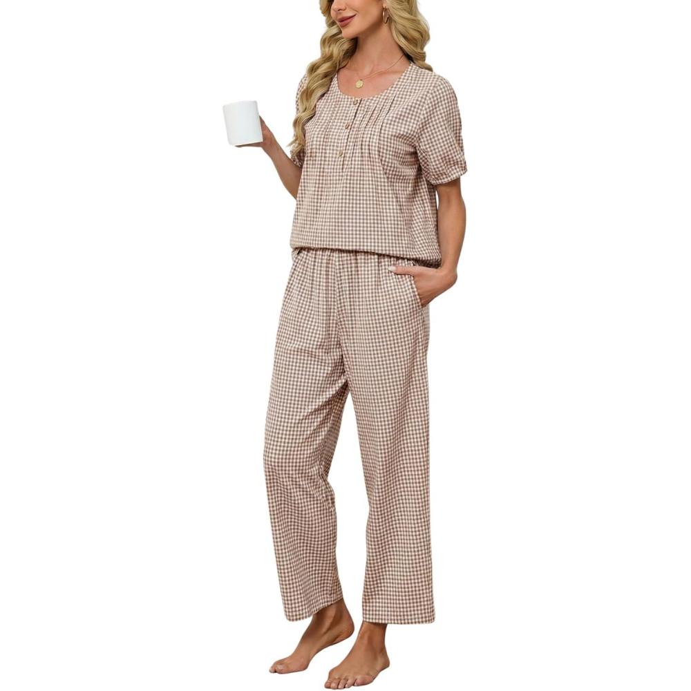 imageTanming Womens 2 Set Gingham Pajama Set Half Sleeve Shirt Wide Leg Pants Y2K Cotton Matching Lounge Set Beach OutfitsBrown