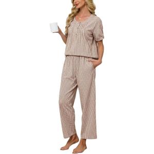 Tanming Womens 2 Set Gingham Pajama Set Half Sleeve Shirt Wide Leg Pants Y2K Cotton Matching Lounge Set Beach Outfits(Brown)