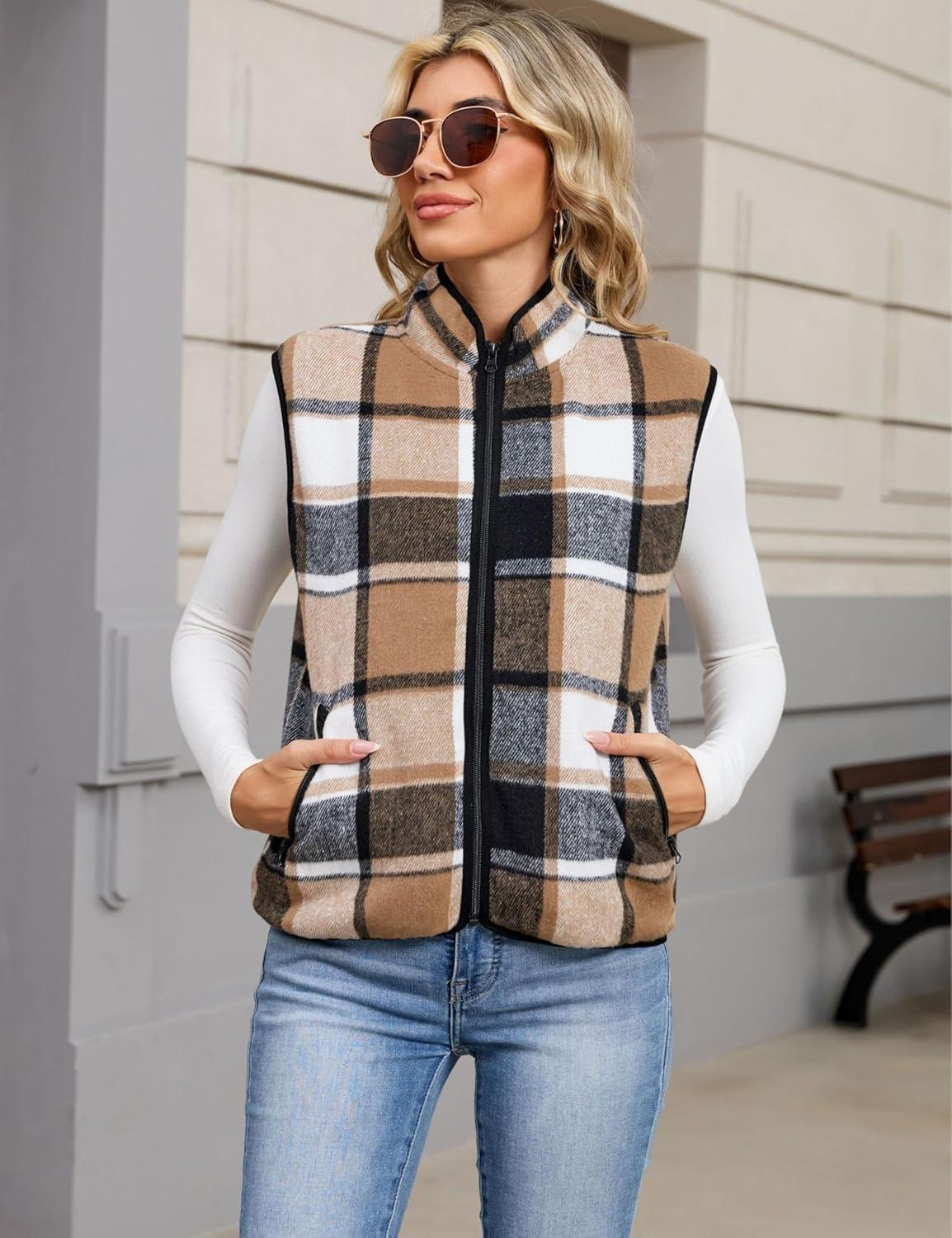 imageTanming Womens Plaid Vest Fall Brushed Flannel Sleeveless Jacket Lightweight Outerwear Vest with PocketsBrown Black