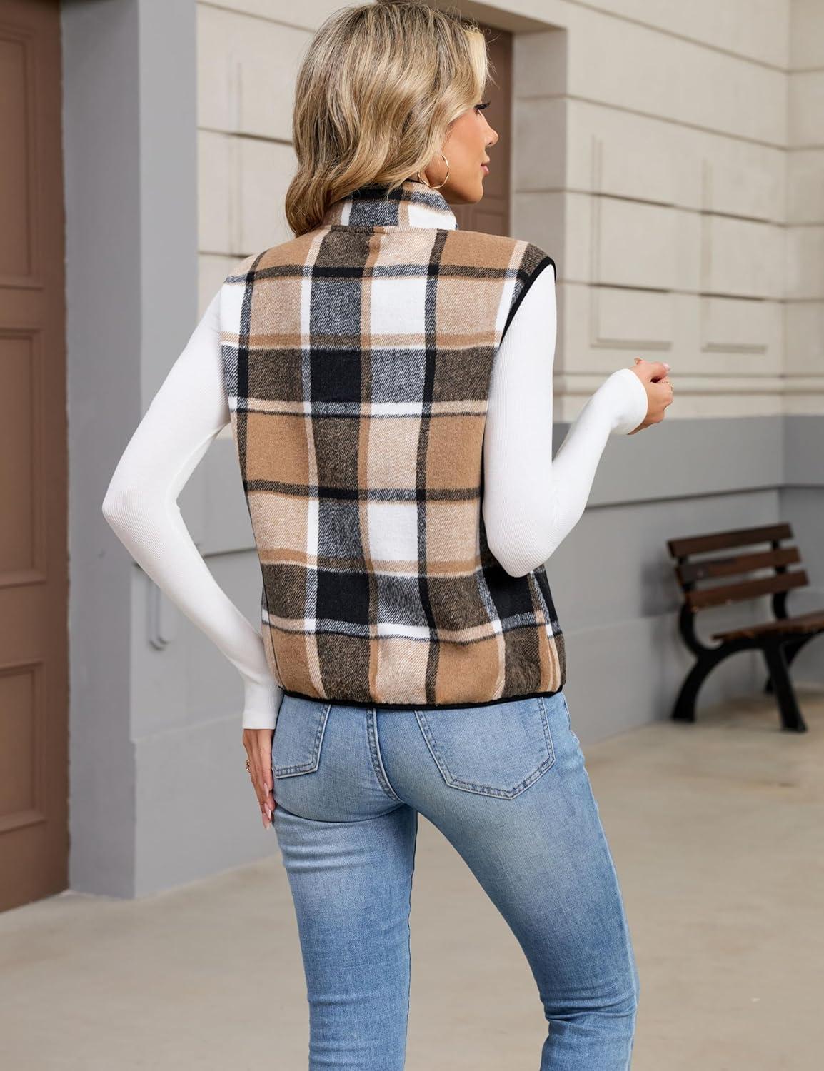 imageTanming Womens Plaid Vest Fall Brushed Flannel Sleeveless Jacket Lightweight Outerwear Vest with PocketsBrown Black