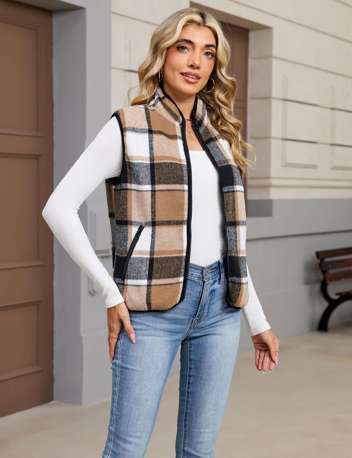 imageTanming Womens Plaid Vest Fall Brushed Flannel Sleeveless Jacket Lightweight Outerwear Vest with PocketsBrown Black