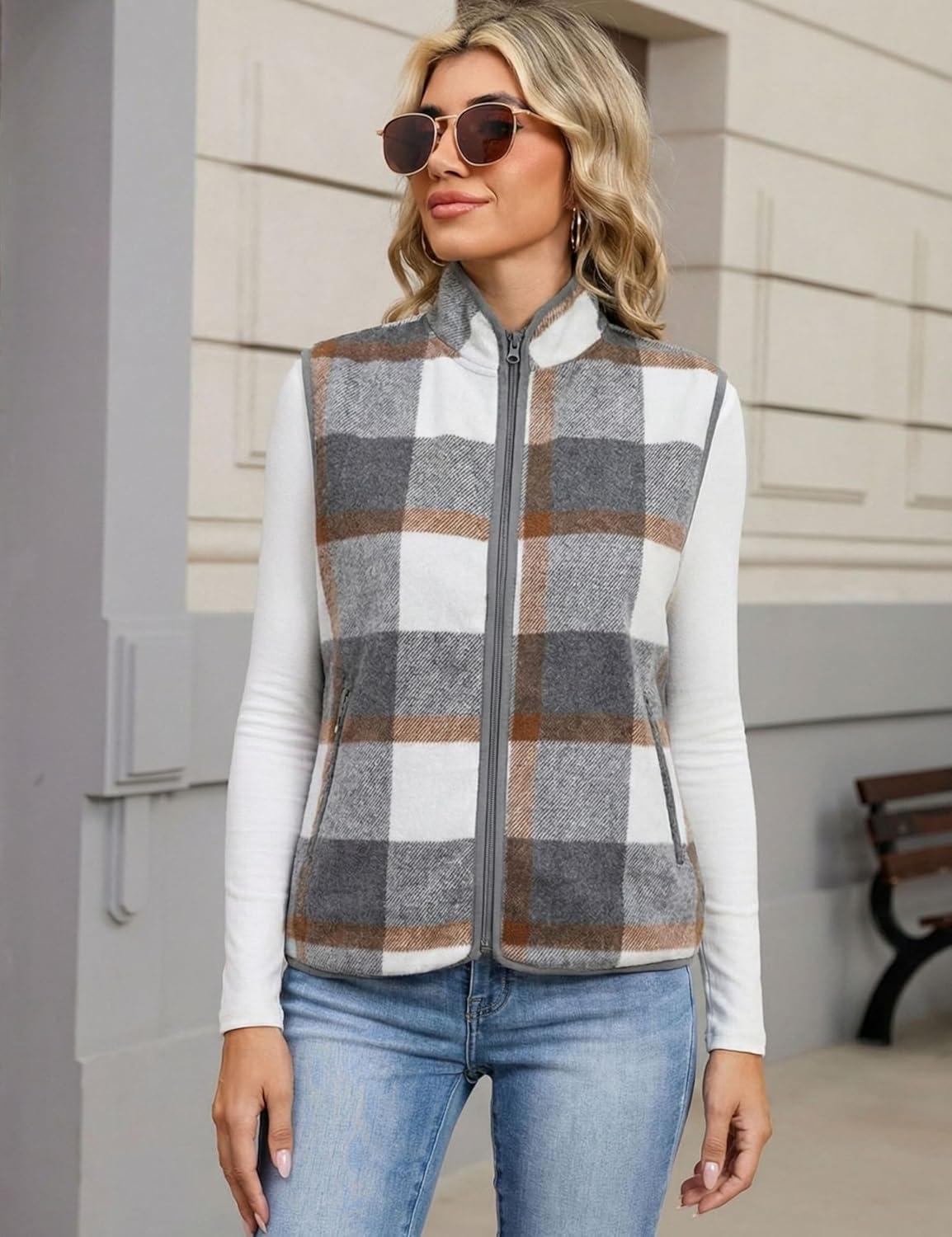 imageTanming Womens Plaid Vest Fall Brushed Flannel Sleeveless Jacket Lightweight Outerwear Vest with PocketsGrey
