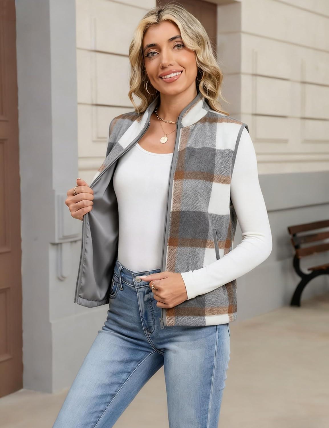 imageTanming Womens Plaid Vest Fall Brushed Flannel Sleeveless Jacket Lightweight Outerwear Vest with PocketsGrey