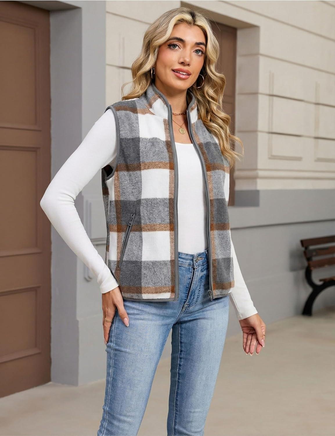 imageTanming Womens Plaid Vest Fall Brushed Flannel Sleeveless Jacket Lightweight Outerwear Vest with PocketsGrey