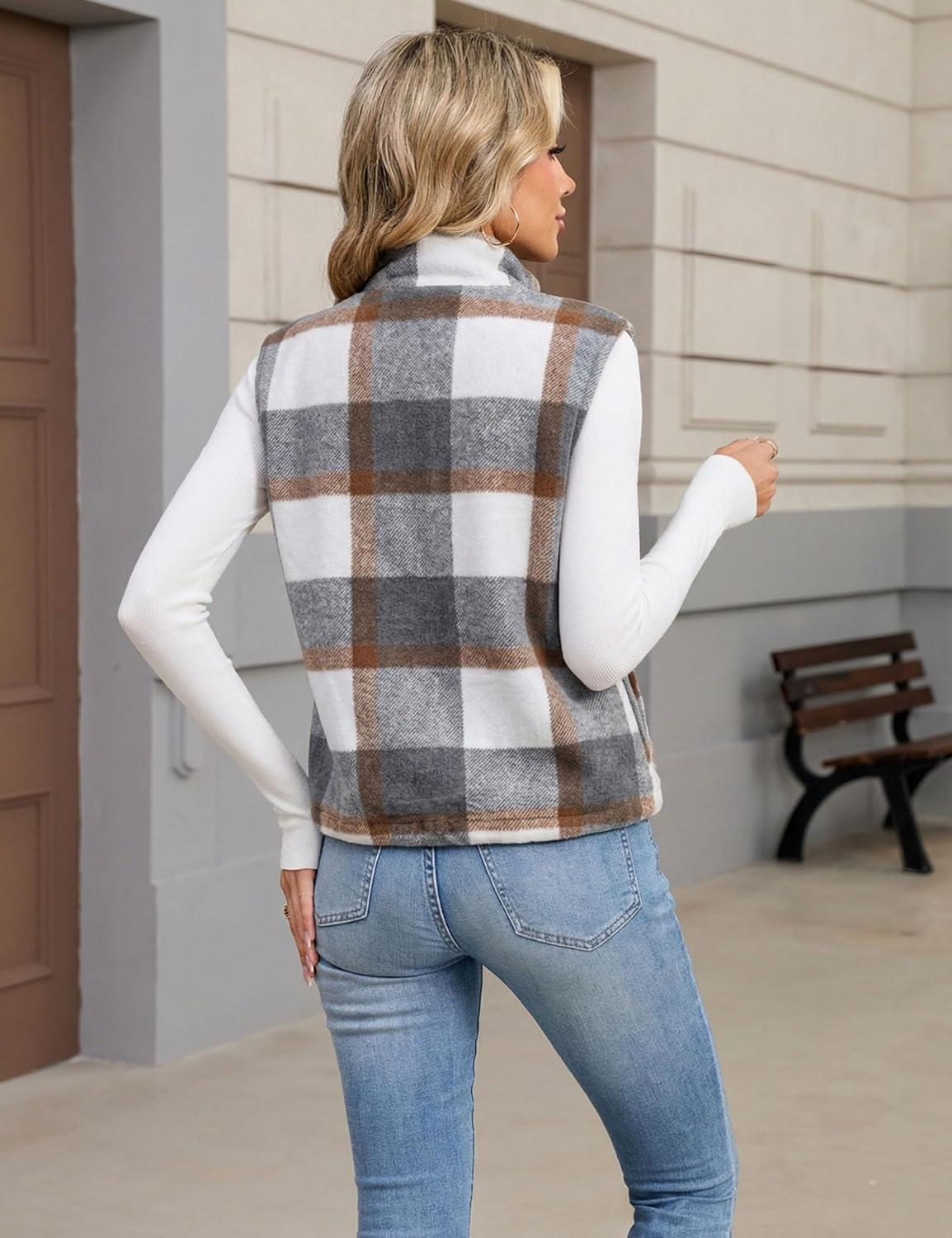 imageTanming Womens Plaid Vest Fall Brushed Flannel Sleeveless Jacket Lightweight Outerwear Vest with PocketsGrey