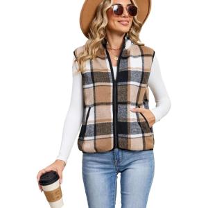 Tanming Womens Plaid Vest Fall Brushed Flannel Sleeveless Jacket Lightweight Outerwear Vest with Pockets(Brown Black)
