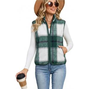 Tanming Womens Plaid Vest Fall Brushed Flannel Sleeveless Jacket Lightweight Outerwear Vest with Pockets(Green)