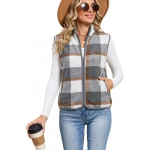 Tanming Womens Plaid Vest Fall Brushed Flannel Sleeveless Jacket Lightweight Outerwear Vest with Pockets(Grey)