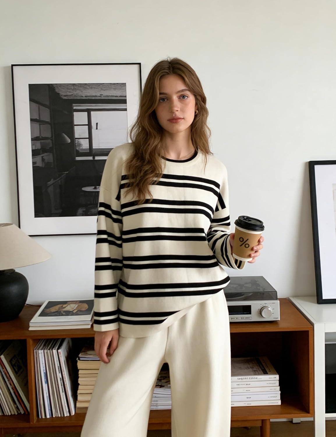 imageTanming 2 Piece Sets for Women Striped Long Sleeve Top High Waist Wide Leg Pants Casual Loungewear TracksuitBeige