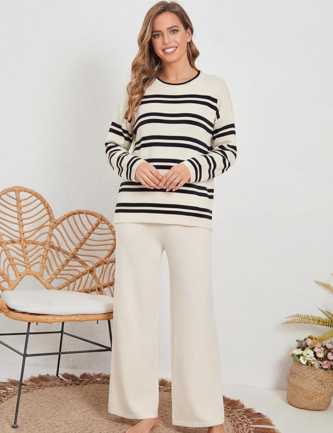 imageTanming 2 Piece Sets for Women Striped Long Sleeve Top High Waist Wide Leg Pants Casual Loungewear TracksuitBeige