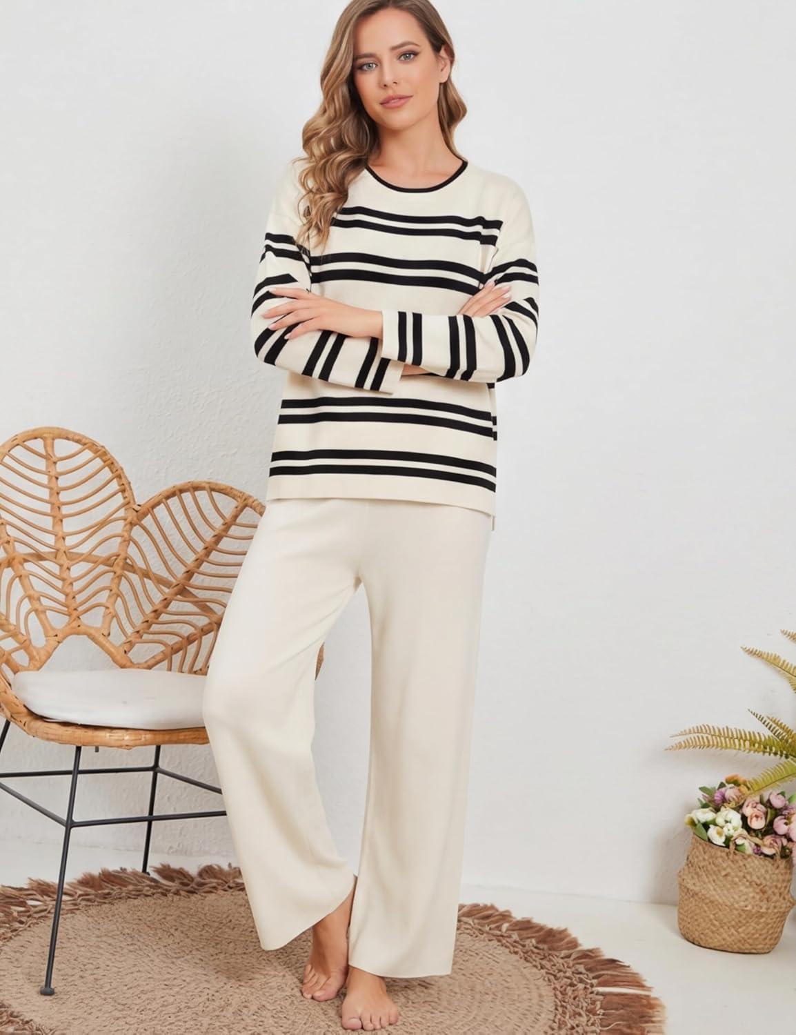 imageTanming 2 Piece Sets for Women Striped Long Sleeve Top High Waist Wide Leg Pants Casual Loungewear TracksuitBeige
