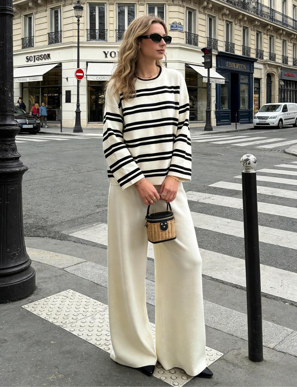 imageTanming 2 Piece Sets for Women Striped Long Sleeve Top High Waist Wide Leg Pants Casual Loungewear TracksuitBeige