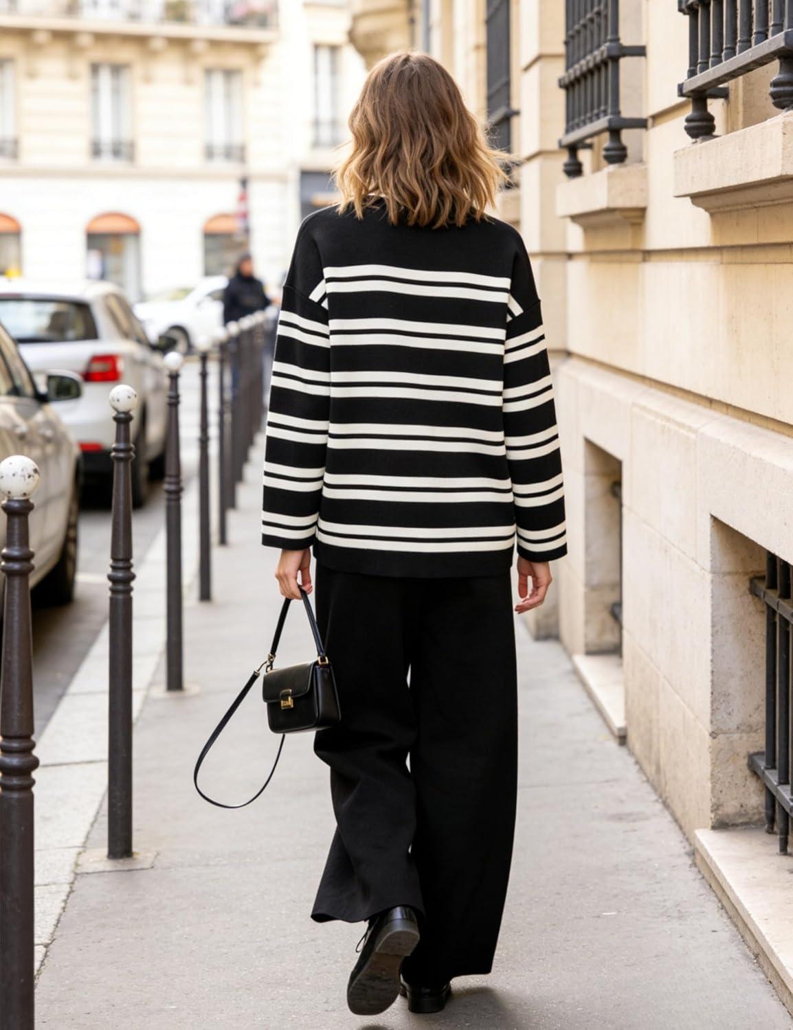 imageTanming 2 Piece Sets for Women Striped Long Sleeve Top High Waist Wide Leg Pants Casual Loungewear TracksuitBlack