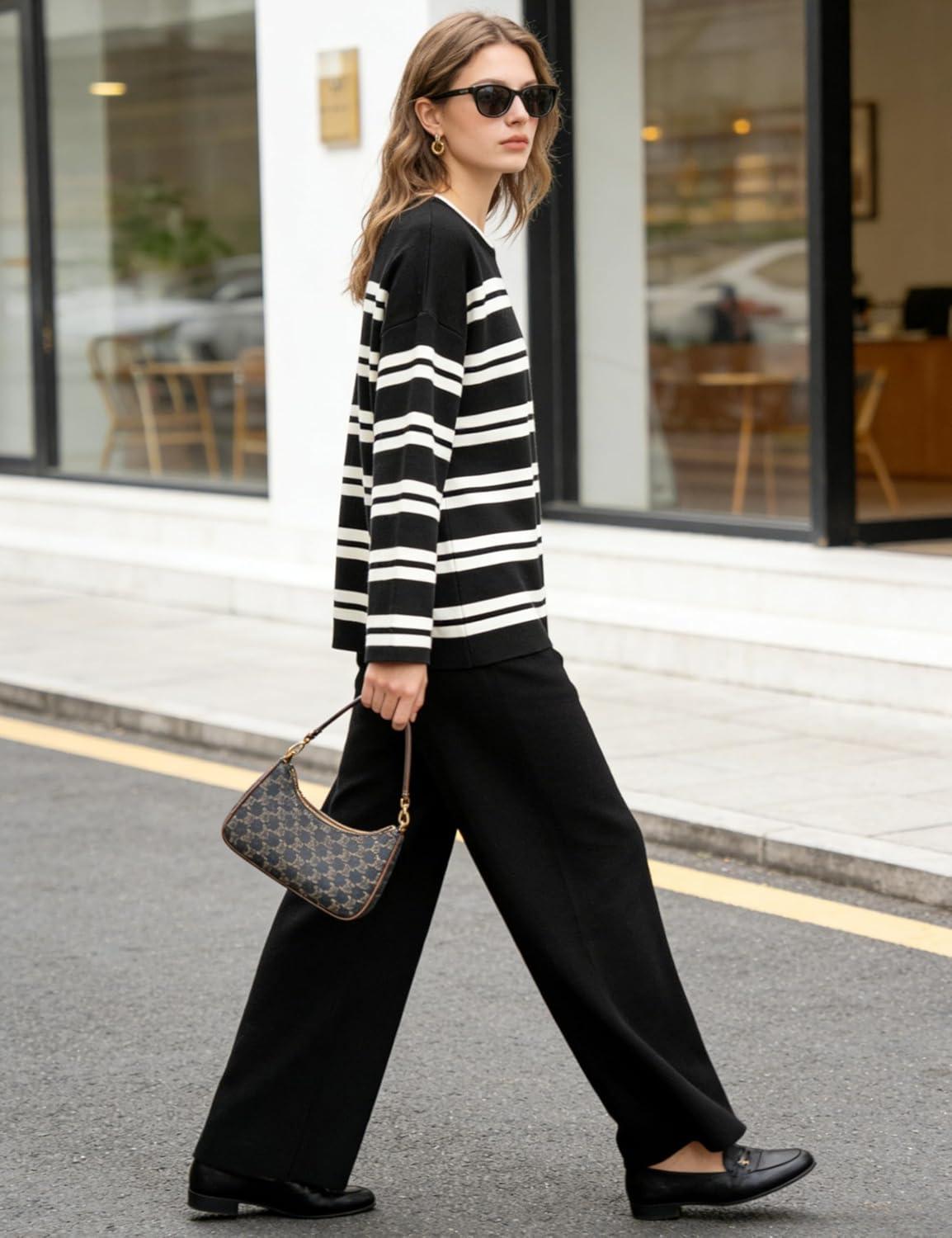 imageTanming 2 Piece Sets for Women Striped Long Sleeve Top High Waist Wide Leg Pants Casual Loungewear TracksuitBlack