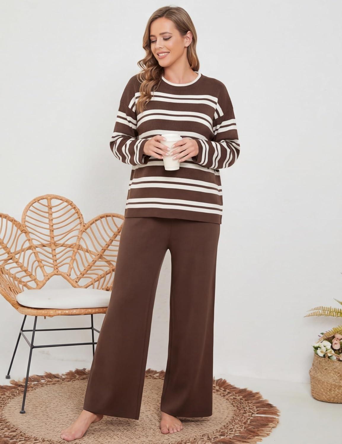 imageTanming 2 Piece Sets for Women Striped Long Sleeve Top High Waist Wide Leg Pants Casual Loungewear TracksuitCoffee