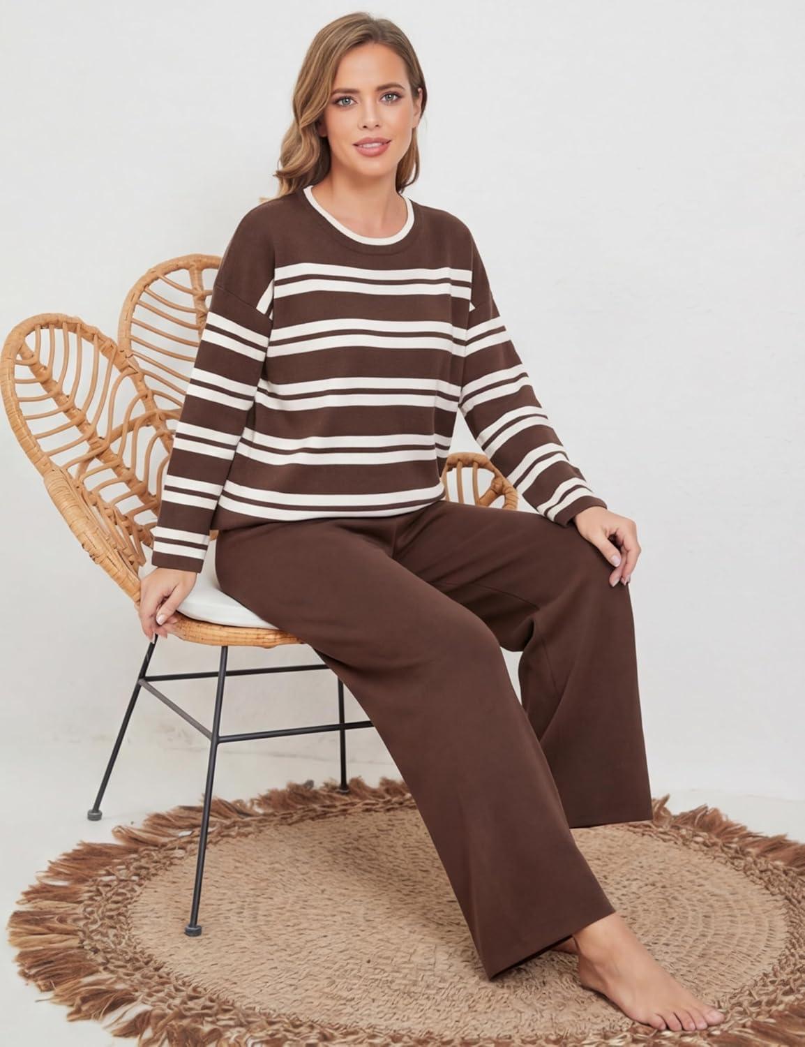 imageTanming 2 Piece Sets for Women Striped Long Sleeve Top High Waist Wide Leg Pants Casual Loungewear TracksuitCoffee