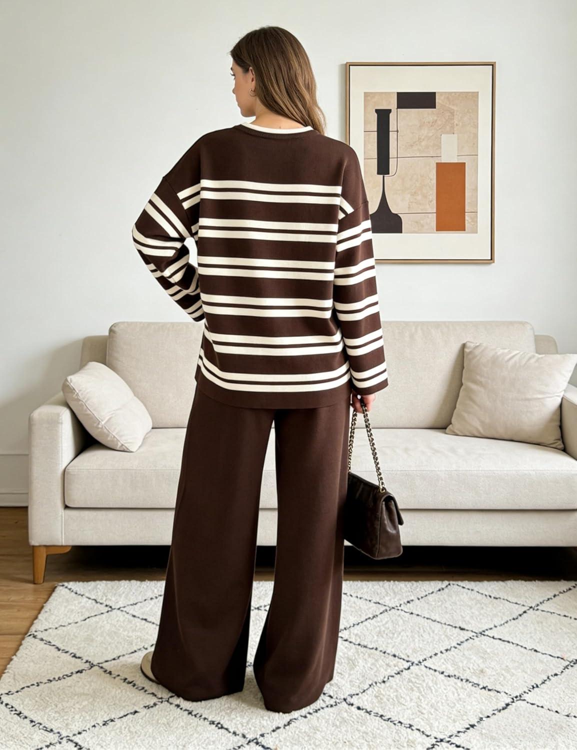 imageTanming 2 Piece Sets for Women Striped Long Sleeve Top High Waist Wide Leg Pants Casual Loungewear TracksuitCoffee