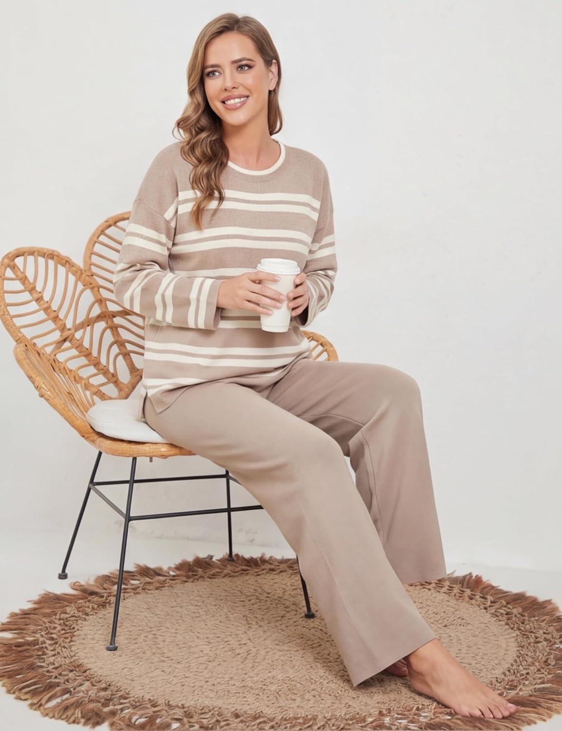 imageTanming 2 Piece Sets for Women Striped Long Sleeve Top High Waist Wide Leg Pants Casual Loungewear TracksuitKhaki
