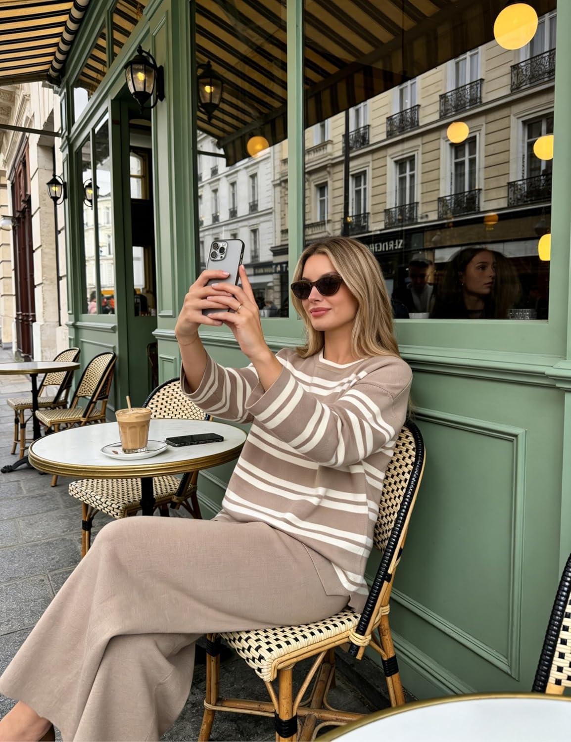 imageTanming 2 Piece Sets for Women Striped Long Sleeve Top High Waist Wide Leg Pants Casual Loungewear TracksuitKhaki