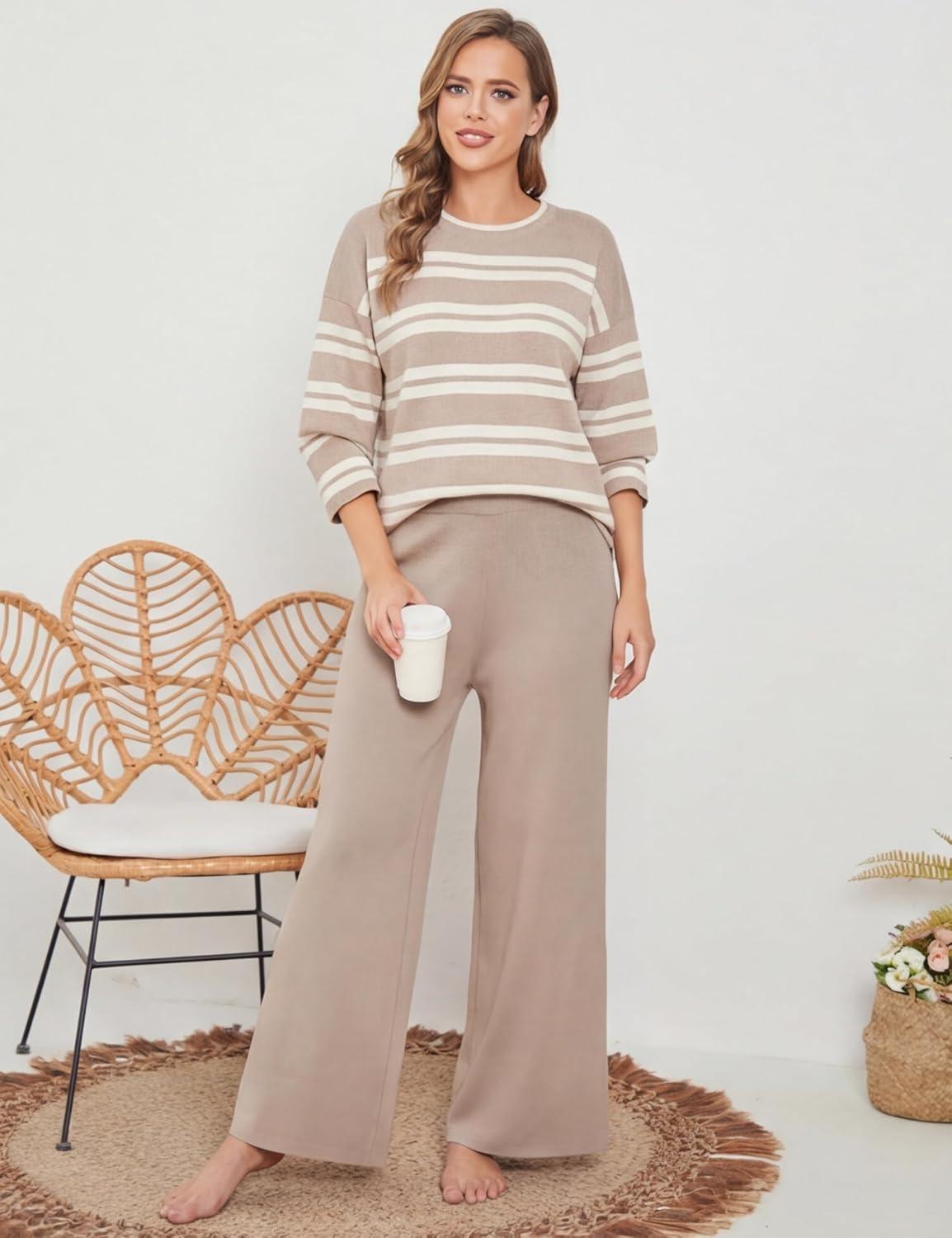 imageTanming 2 Piece Sets for Women Striped Long Sleeve Top High Waist Wide Leg Pants Casual Loungewear TracksuitKhaki