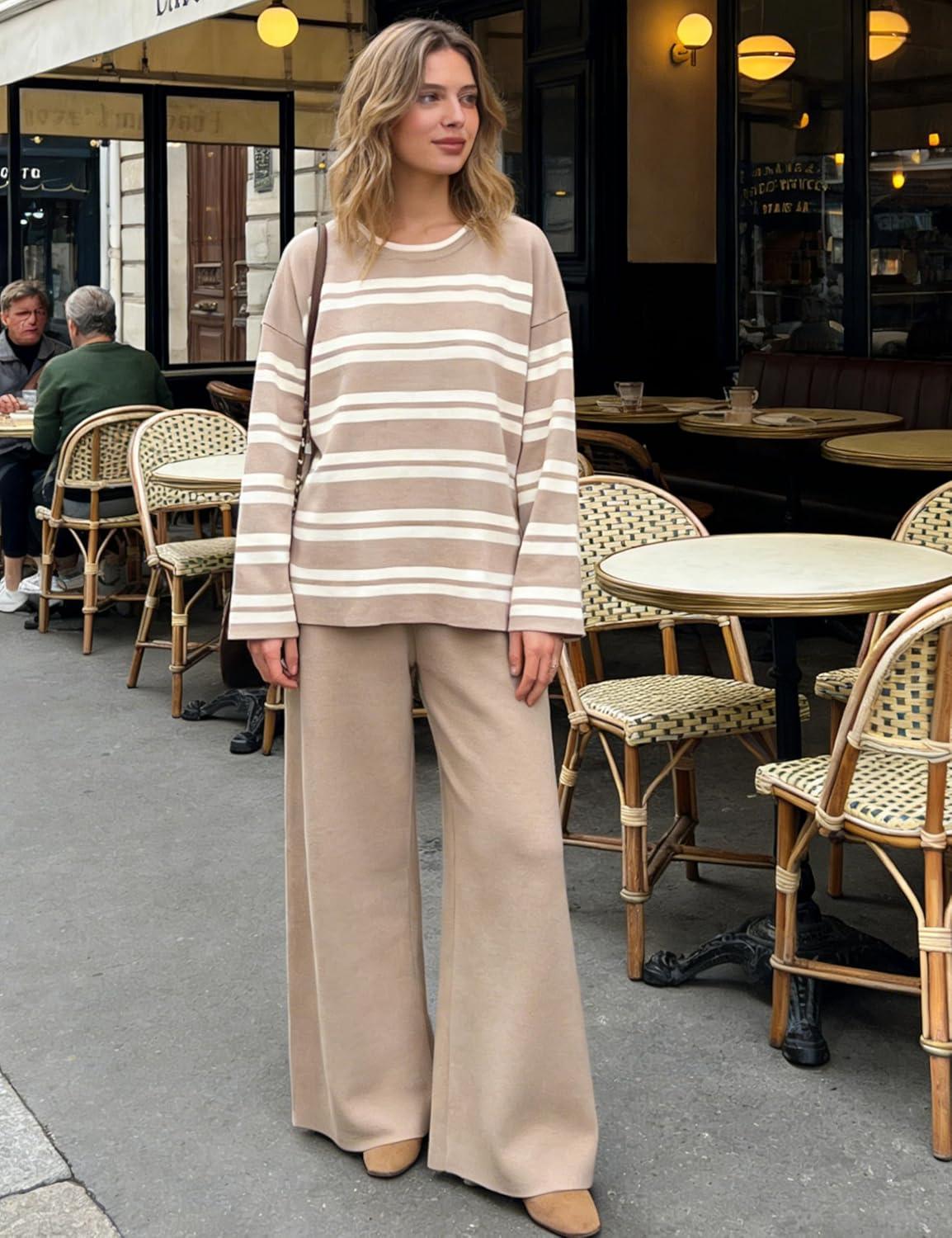 imageTanming 2 Piece Sets for Women Striped Long Sleeve Top High Waist Wide Leg Pants Casual Loungewear TracksuitKhaki
