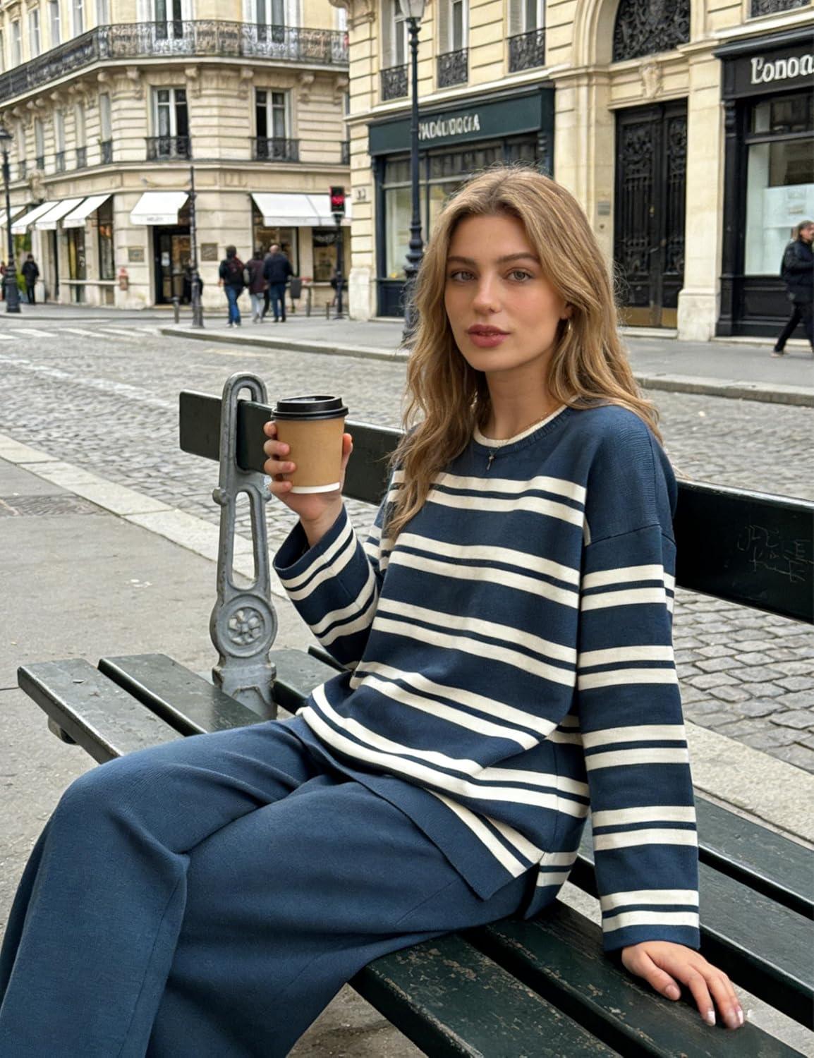 imageTanming 2 Piece Sets for Women Striped Long Sleeve Top High Waist Wide Leg Pants Casual Loungewear TracksuitNavy