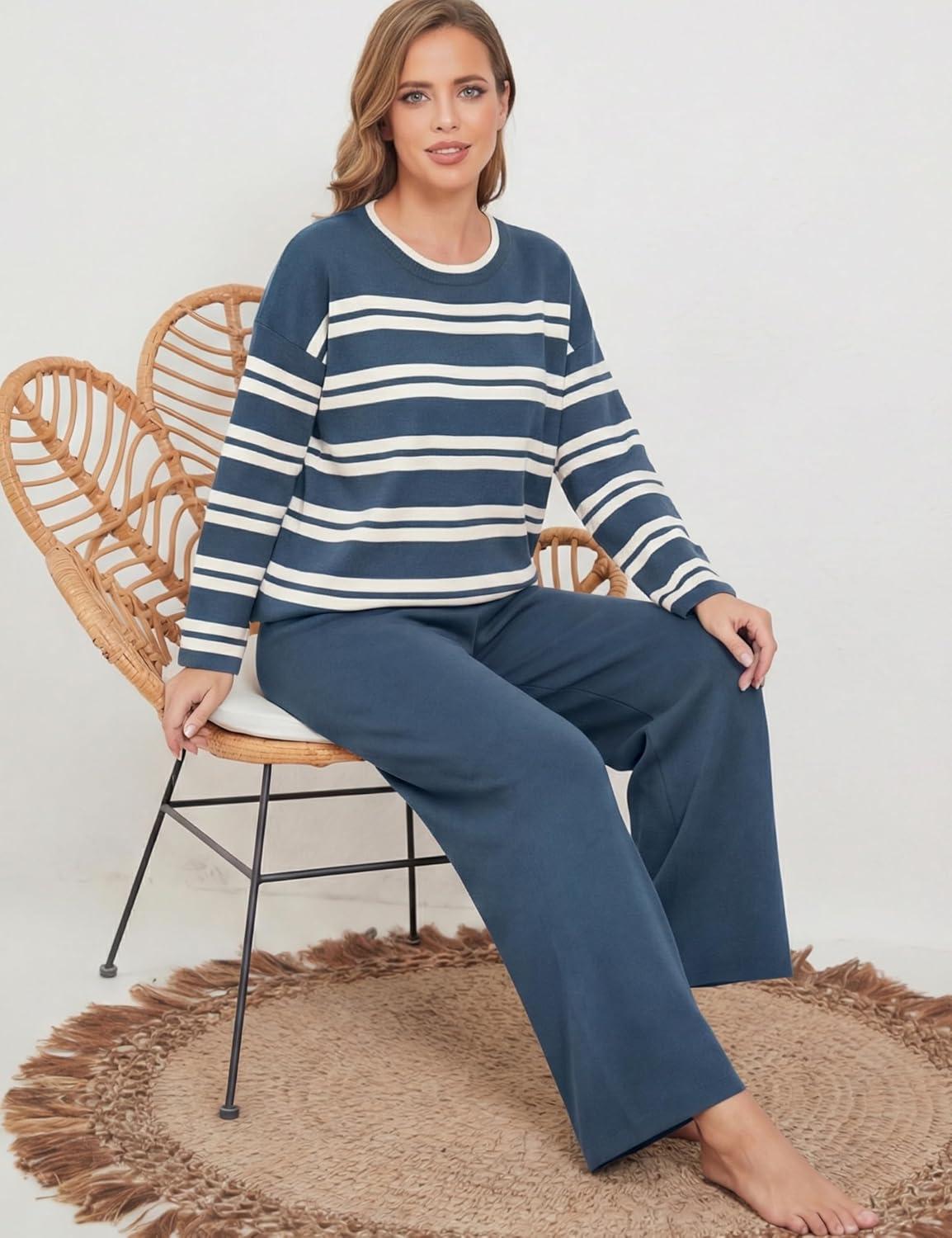 imageTanming 2 Piece Sets for Women Striped Long Sleeve Top High Waist Wide Leg Pants Casual Loungewear TracksuitNavy