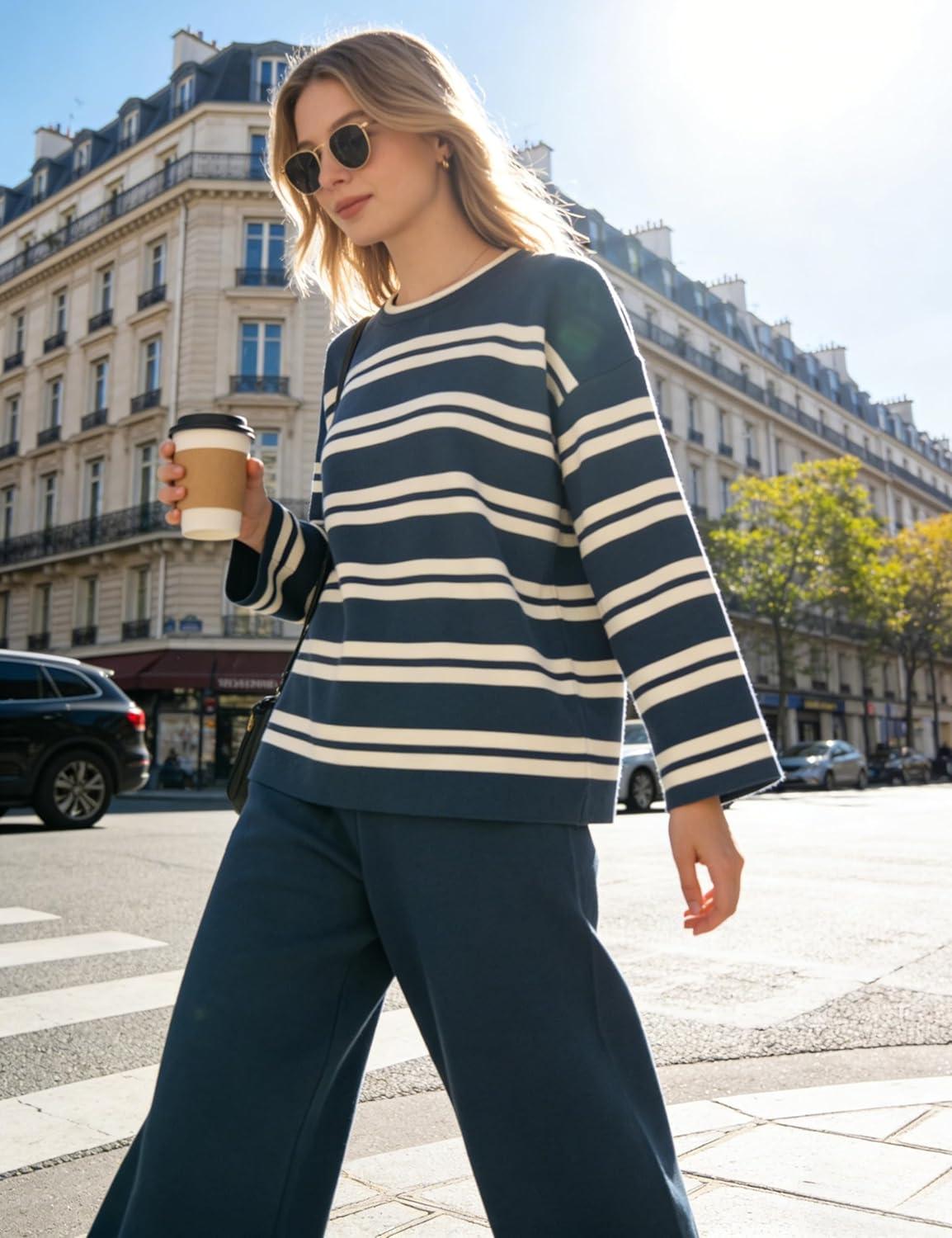 imageTanming 2 Piece Sets for Women Striped Long Sleeve Top High Waist Wide Leg Pants Casual Loungewear TracksuitNavy