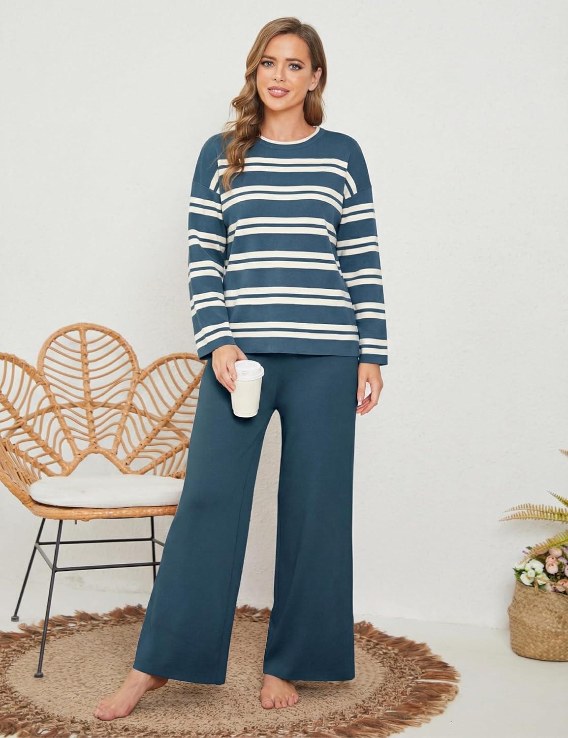 imageTanming 2 Piece Sets for Women Striped Long Sleeve Top High Waist Wide Leg Pants Casual Loungewear TracksuitNavy