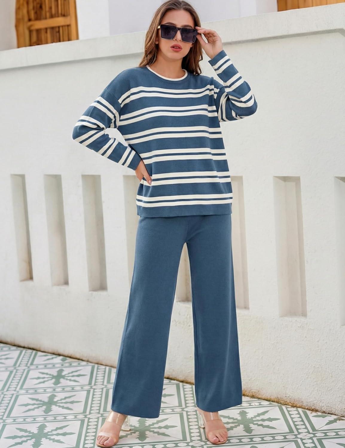 imageTanming 2 Piece Sets for Women Striped Long Sleeve Top High Waist Wide Leg Pants Casual Loungewear TracksuitNavy