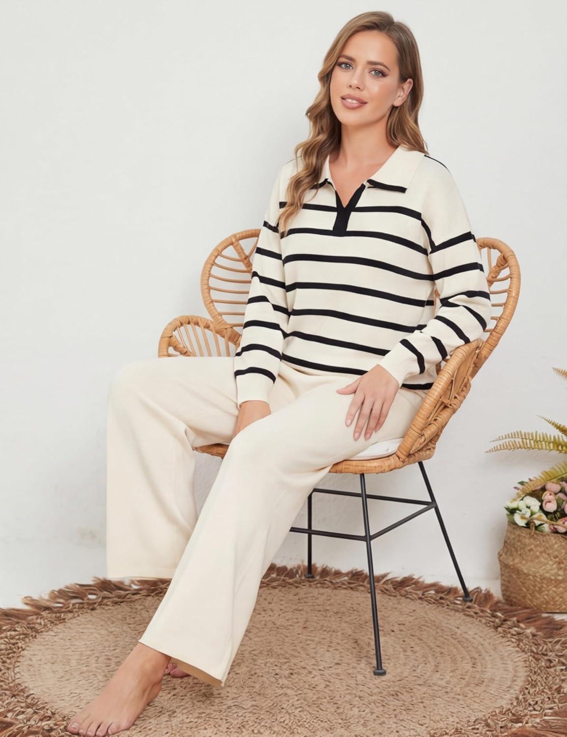 imageTanming Lounge Sets for Women Striped Collar V Neck Sweatsuit Wide Leg Pants Casual Loungewear TracksuitBeige