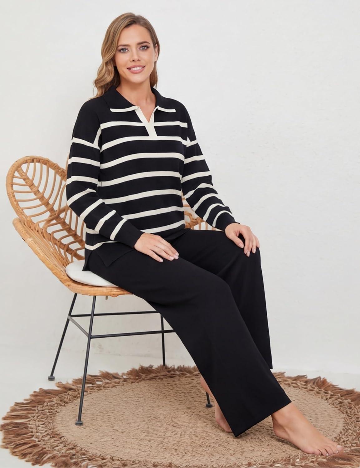 imageTanming Lounge Sets for Women Striped Collar V Neck Sweatsuit Wide Leg Pants Casual Loungewear TracksuitBlack