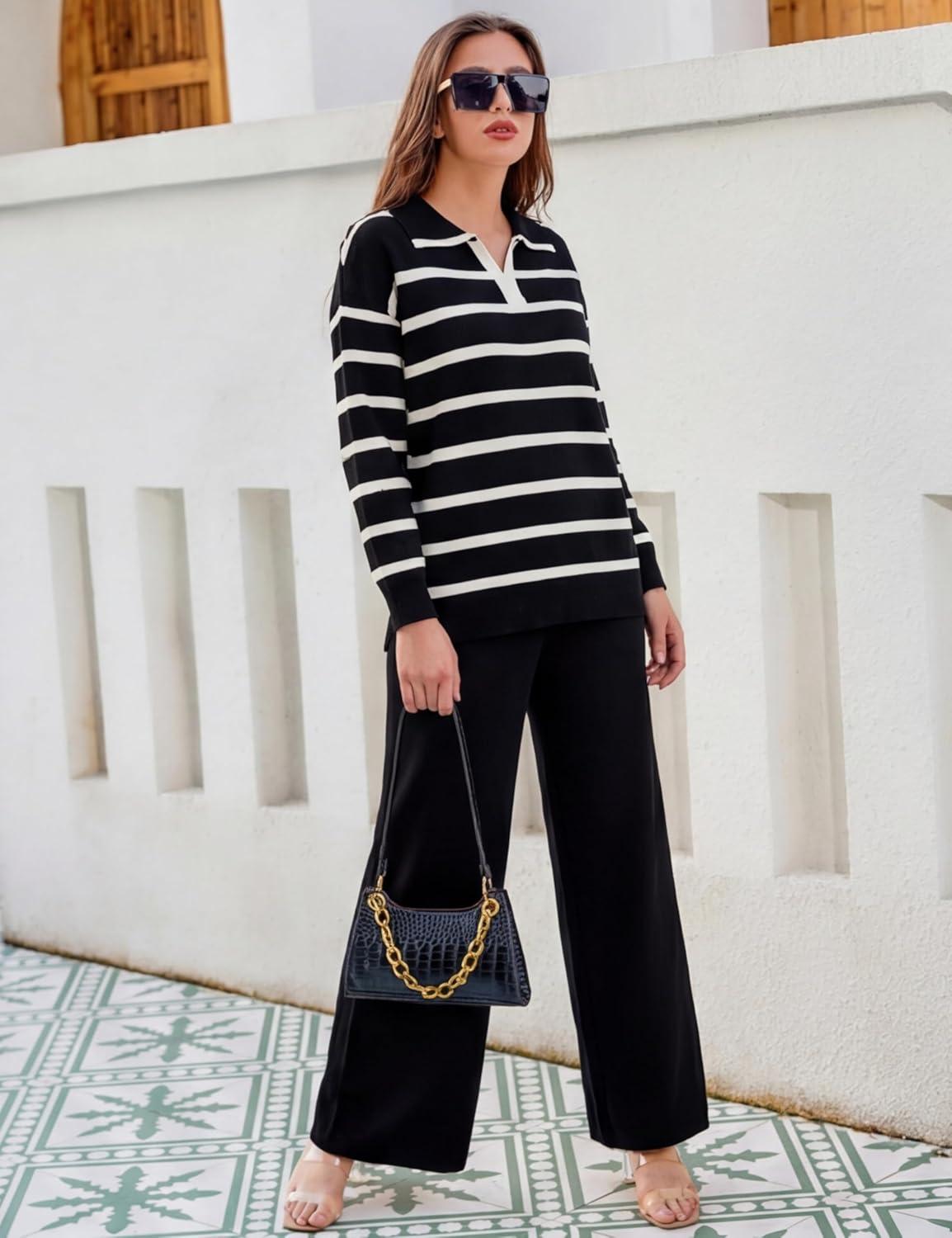 imageTanming Lounge Sets for Women Striped Collar V Neck Sweatsuit Wide Leg Pants Casual Loungewear TracksuitBlack