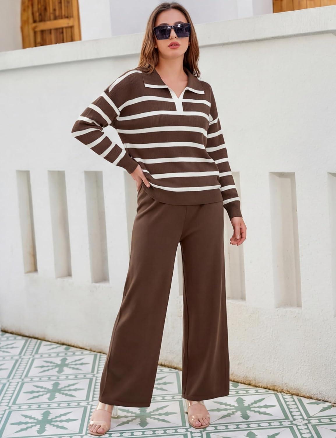 imageTanming Lounge Sets for Women Striped Collar V Neck Sweatsuit Wide Leg Pants Casual Loungewear TracksuitCoffee