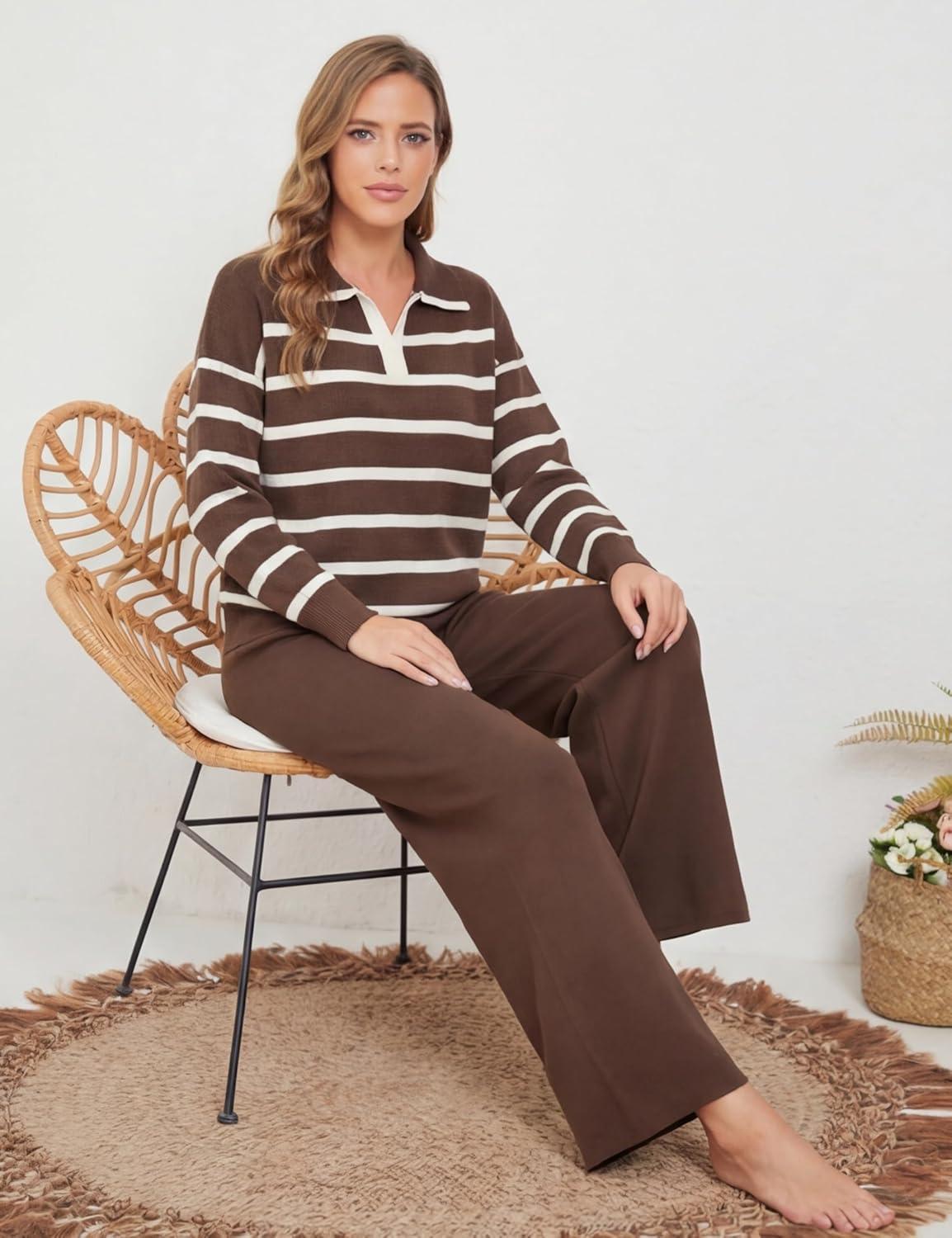 imageTanming Lounge Sets for Women Striped Collar V Neck Sweatsuit Wide Leg Pants Casual Loungewear TracksuitCoffee