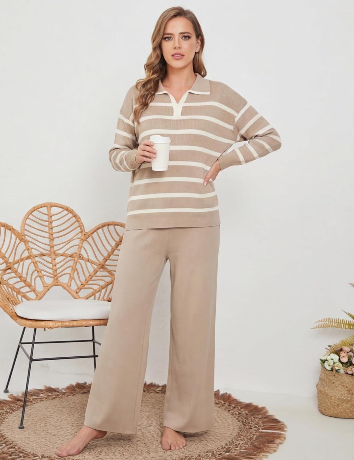 imageTanming Lounge Sets for Women Striped Collar V Neck Sweatsuit Wide Leg Pants Casual Loungewear TracksuitKhaki