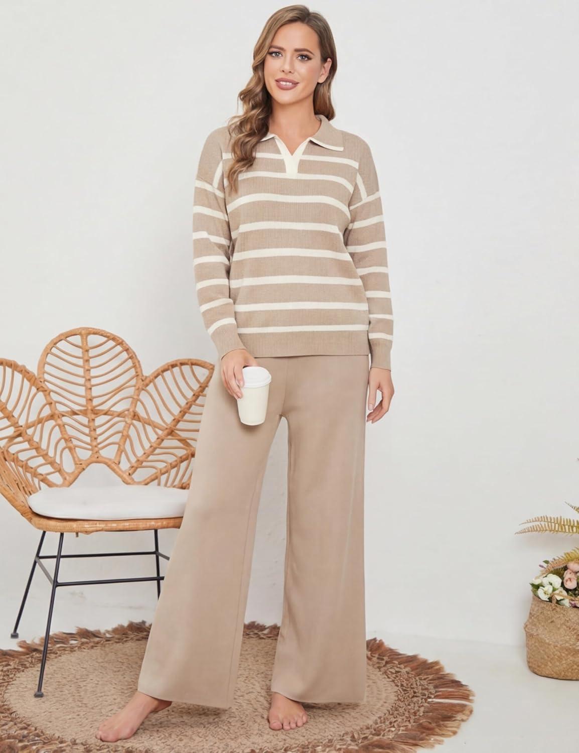 imageTanming Lounge Sets for Women Striped Collar V Neck Sweatsuit Wide Leg Pants Casual Loungewear TracksuitKhaki