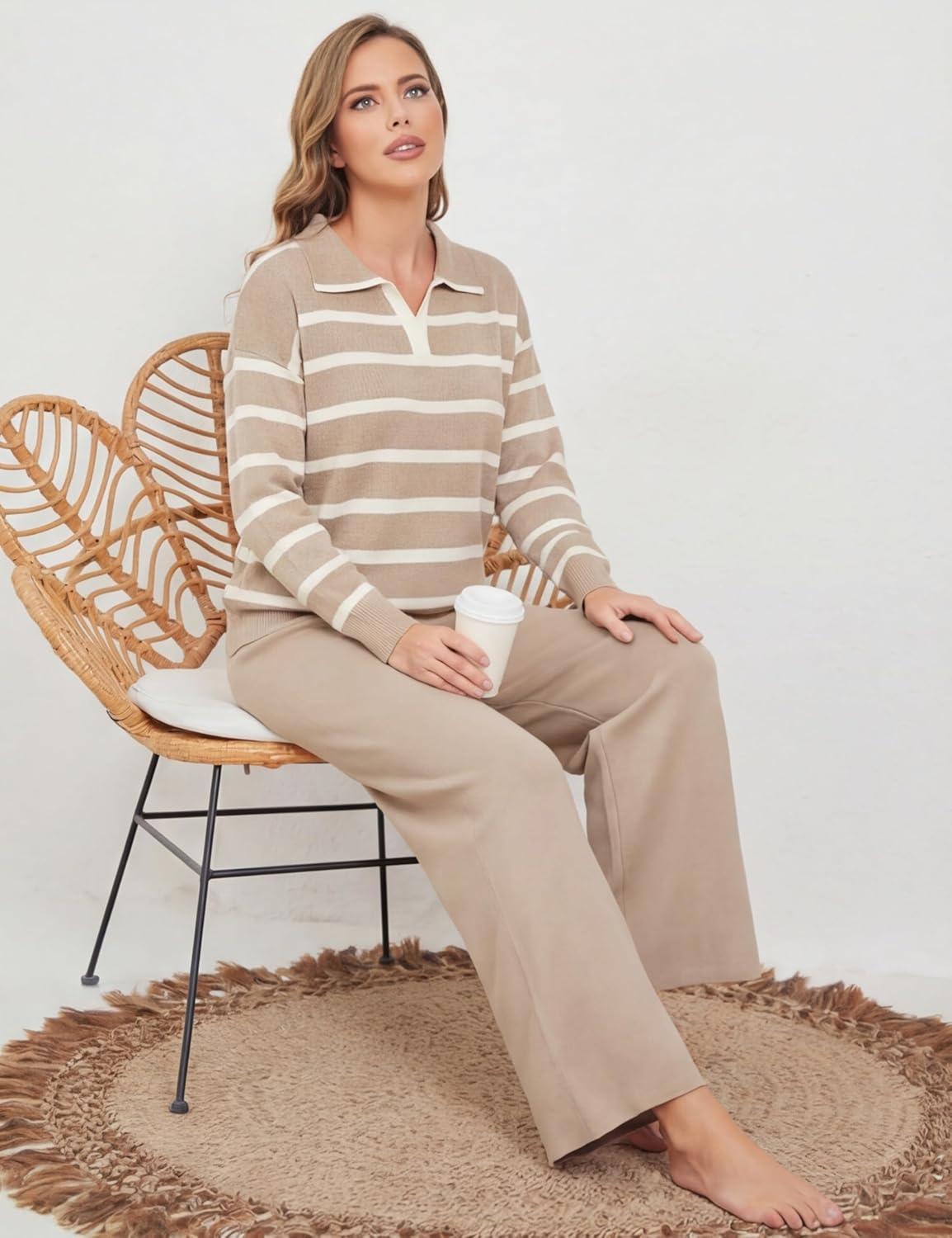imageTanming Lounge Sets for Women Striped Collar V Neck Sweatsuit Wide Leg Pants Casual Loungewear TracksuitKhaki