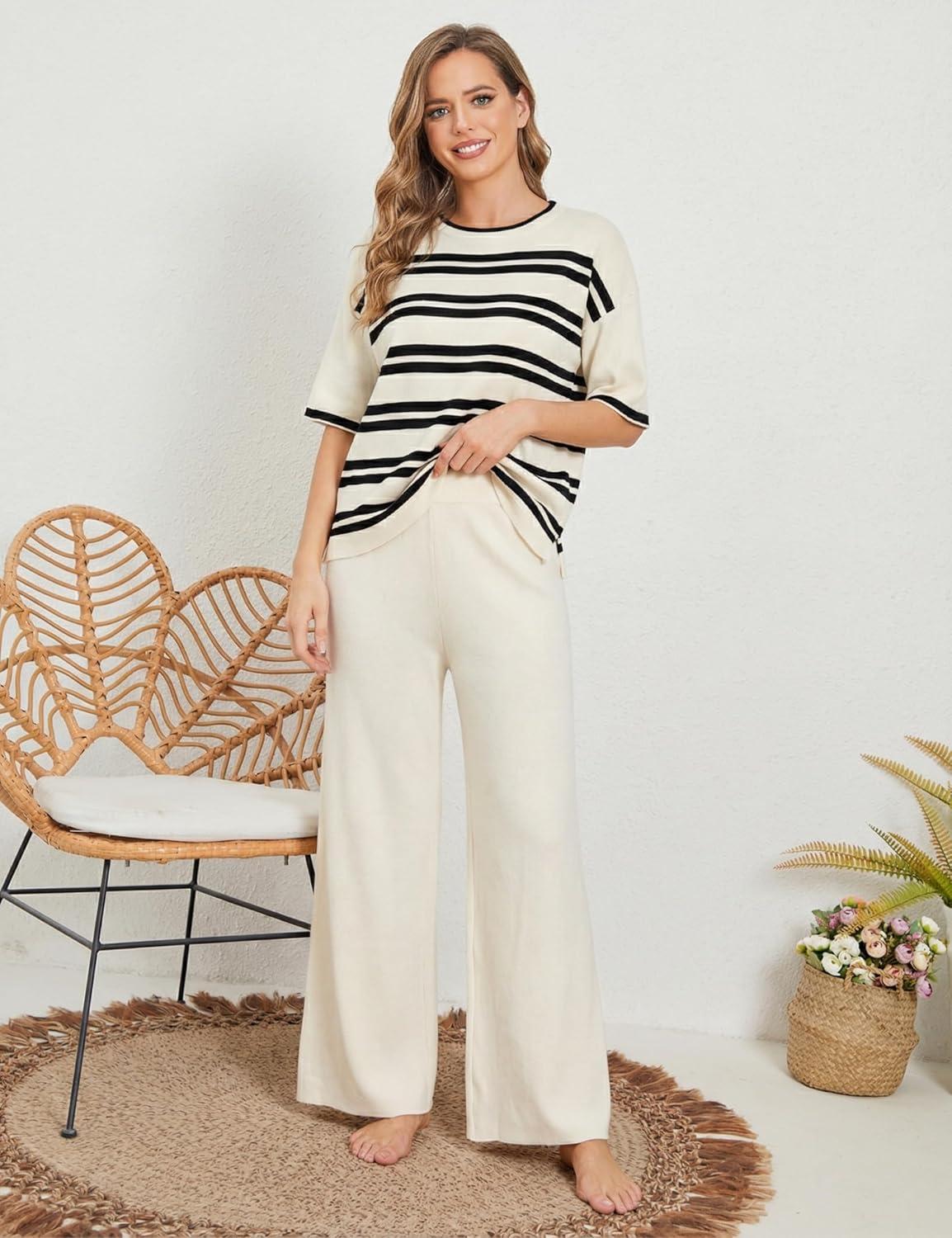 imageTanming Womens 2 Piece Knit Sets Travel Outfits Striped Short Sleeve Top Wide Leg Pants Lounge TracksuitsBeige