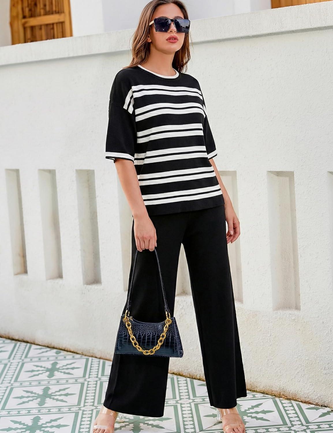 imageTanming Womens 2 Piece Knit Sets Travel Outfits Striped Short Sleeve Top Wide Leg Pants Lounge TracksuitsBlack