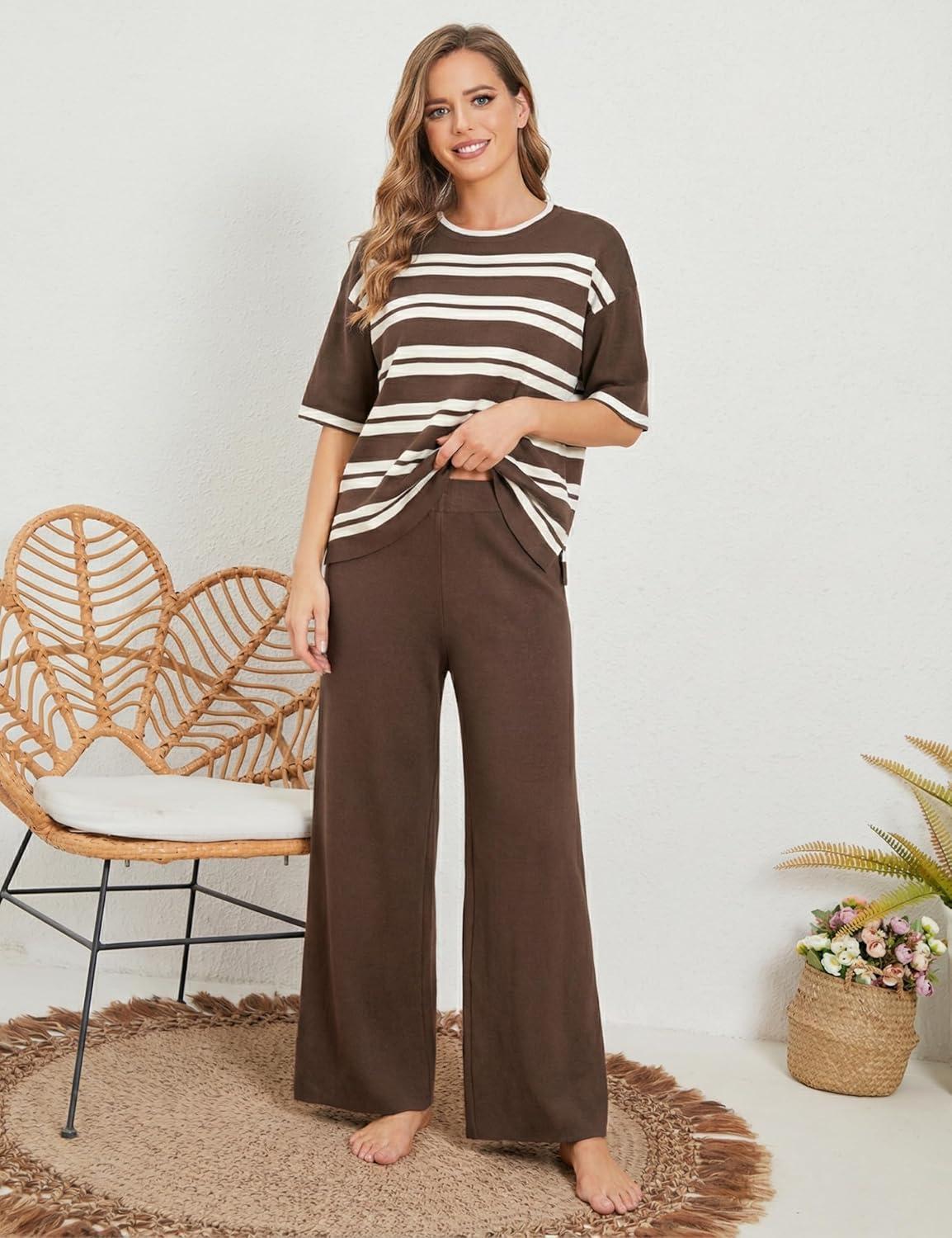 imageTanming Womens 2 Piece Knit Sets Travel Outfits Striped Short Sleeve Top Wide Leg Pants Lounge TracksuitsCoffee