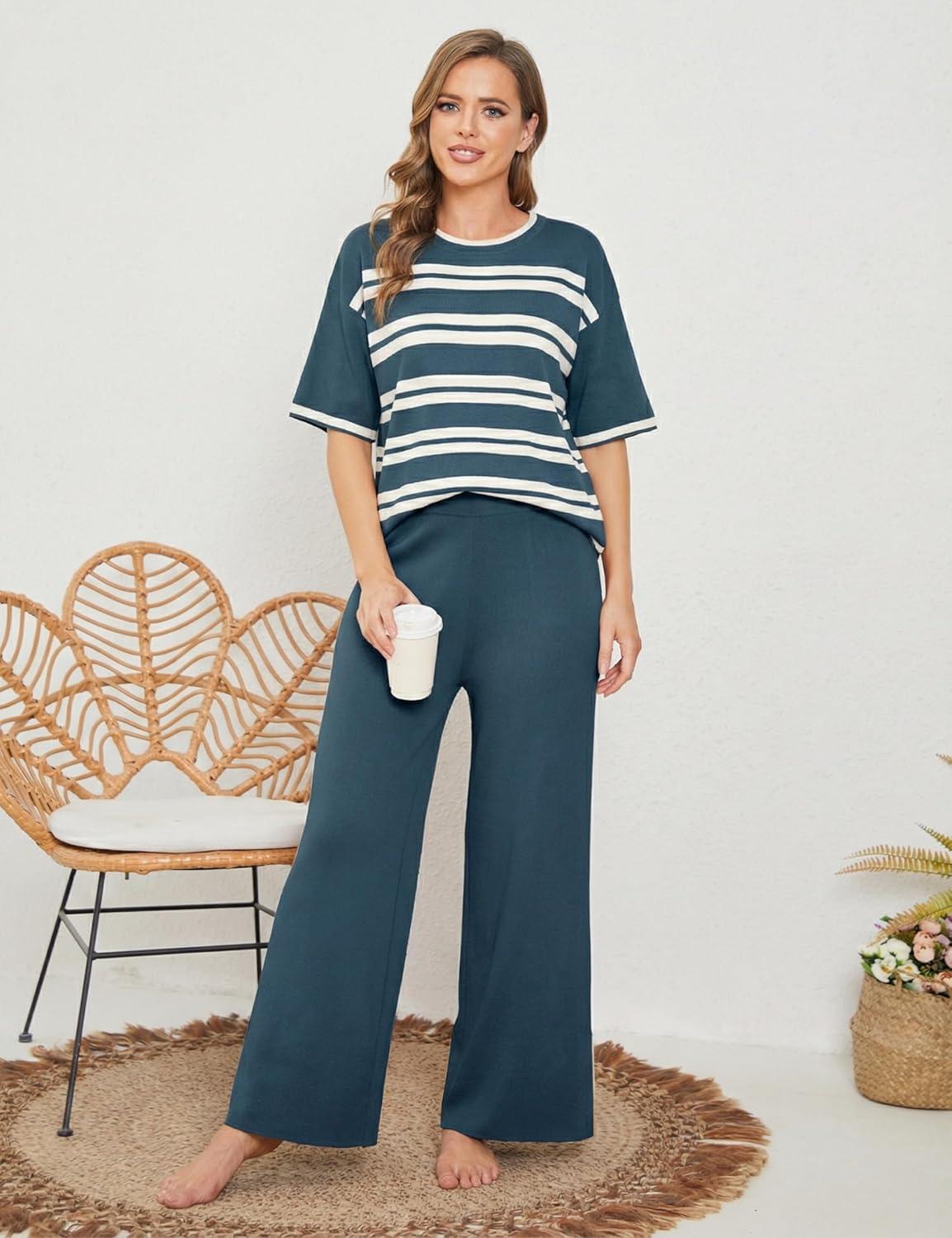 imageTanming Womens 2 Piece Knit Sets Travel Outfits Striped Short Sleeve Top Wide Leg Pants Lounge TracksuitsNavy