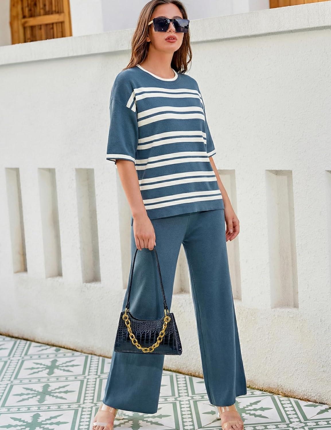 imageTanming Womens 2 Piece Knit Sets Travel Outfits Striped Short Sleeve Top Wide Leg Pants Lounge TracksuitsNavy